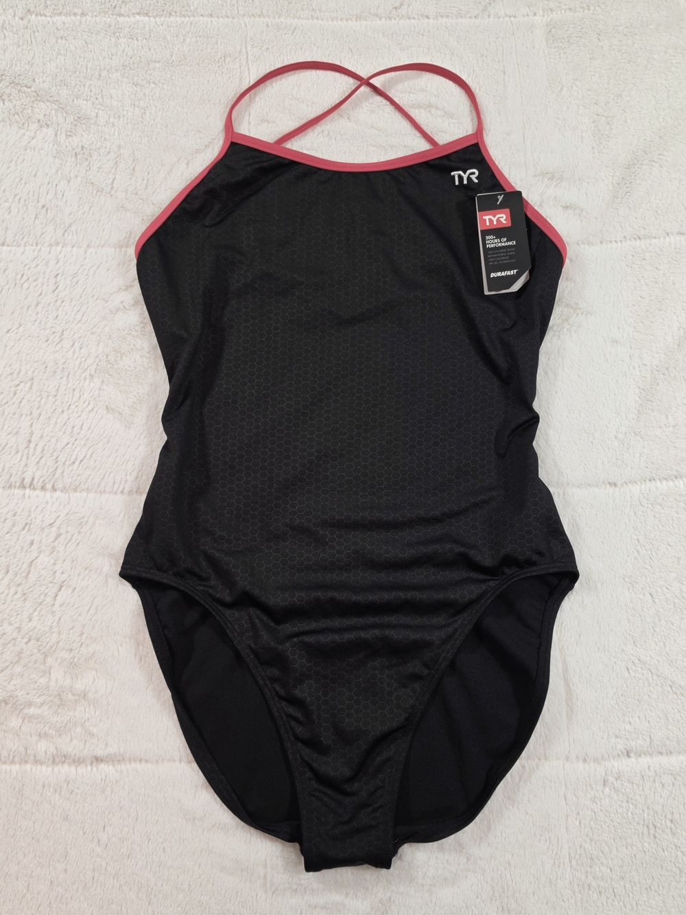 TYR Black One-Piece Swimsuit with Red Trim and Crisscross Straps